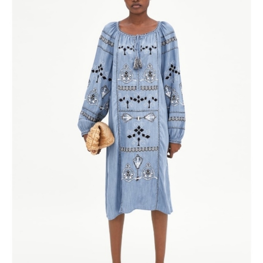Zara TRF Collection Embroidered Denim Dress Size XS